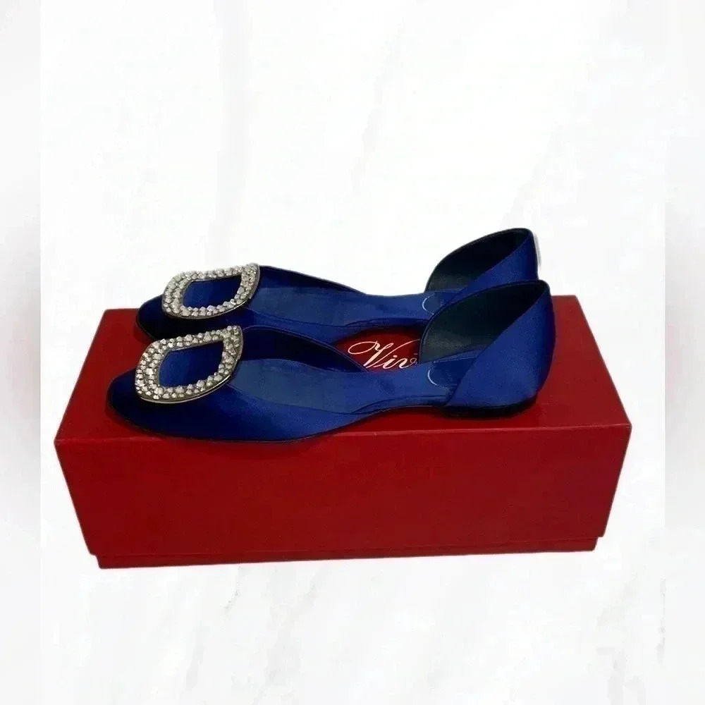 Roger Vivier Navy Satin Crystal Buckle D’Orsay Flats EU 35.5 (Fits 36.5) - Picture 7 of 7